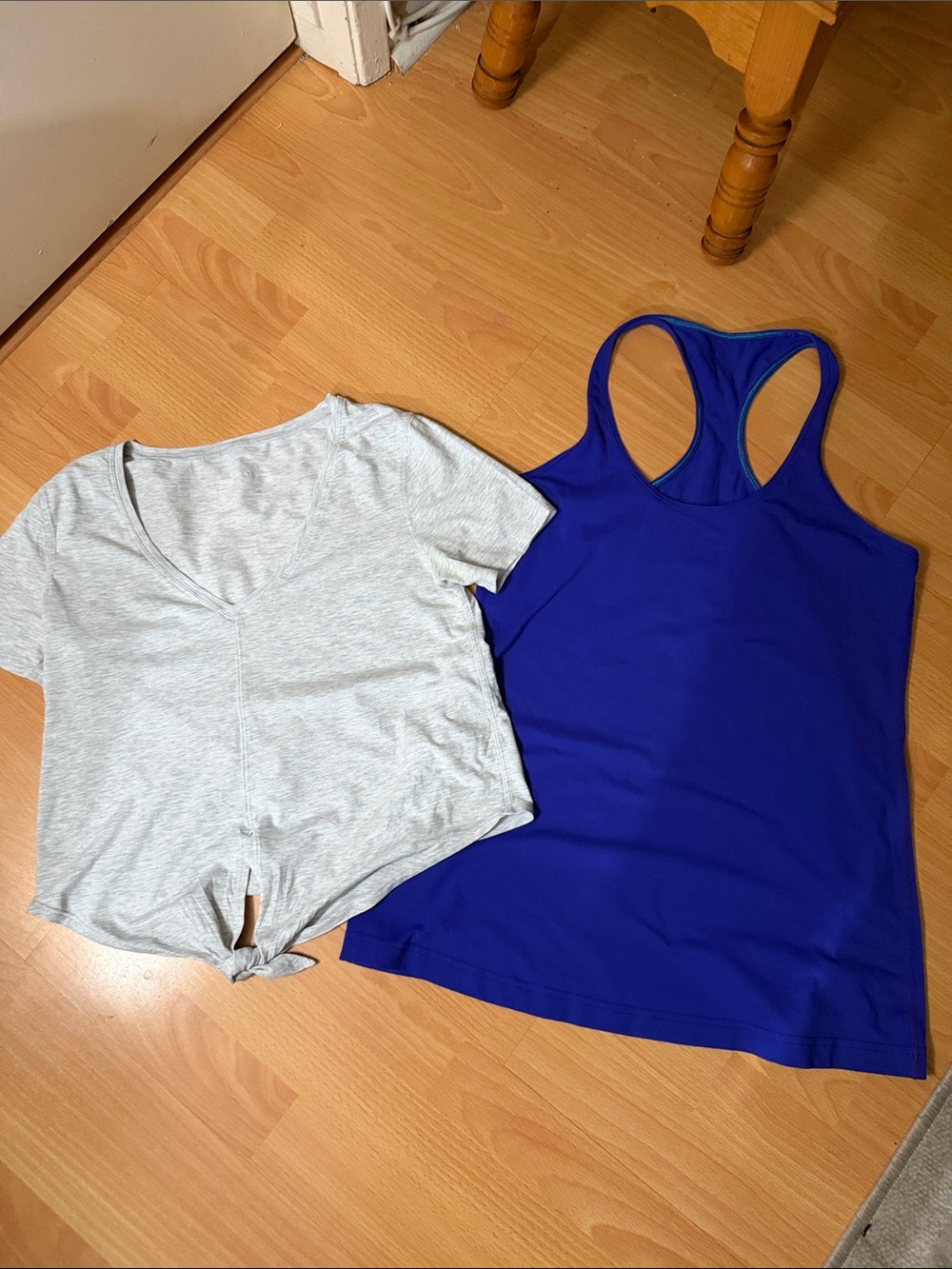 Bundle: lululemon athletica Blue Racerback Tank and Light Gray Tie-Front Tee